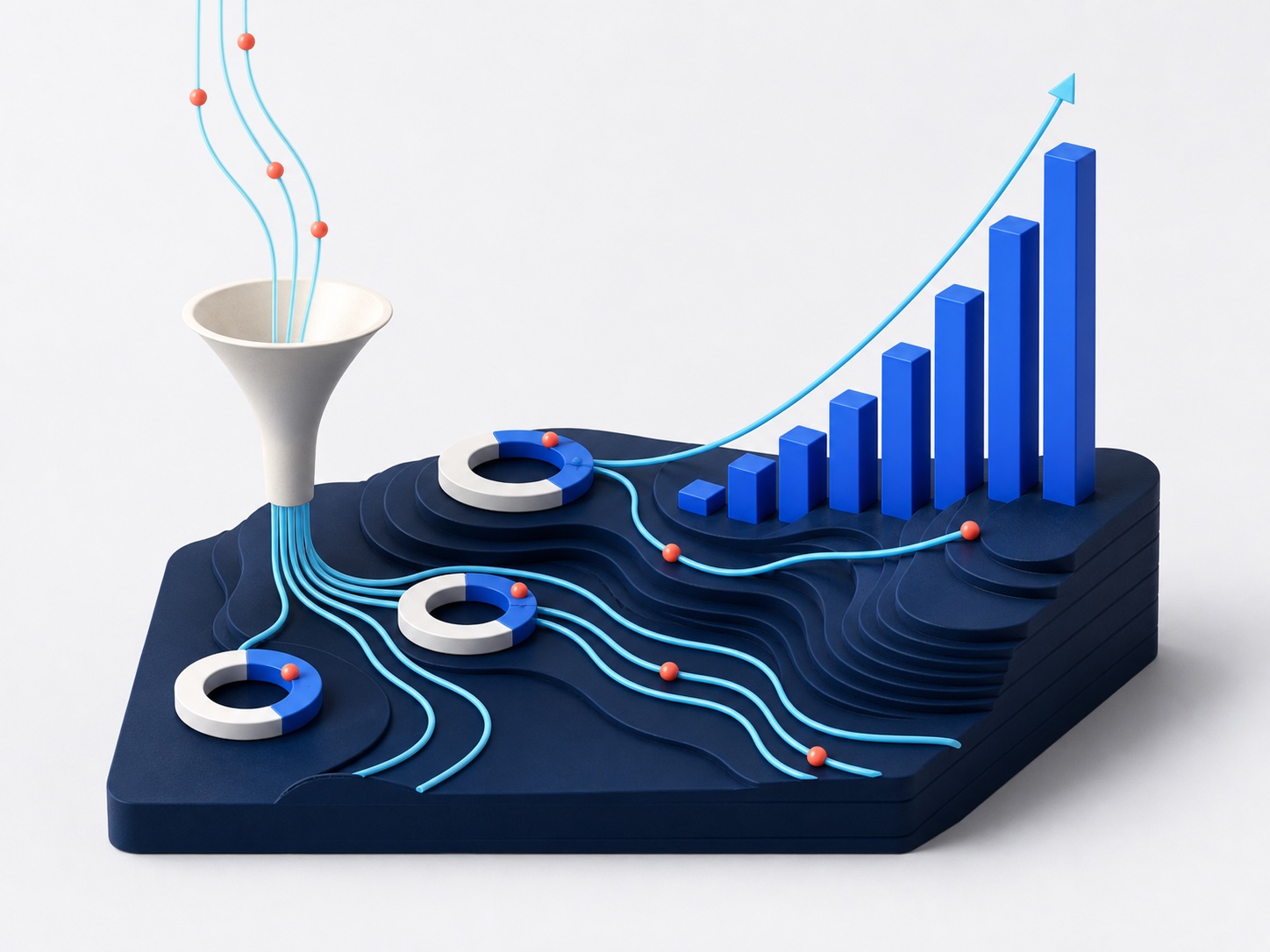 A sculptural performance system where signals move through a funnel into attribution rings and rising growth bars