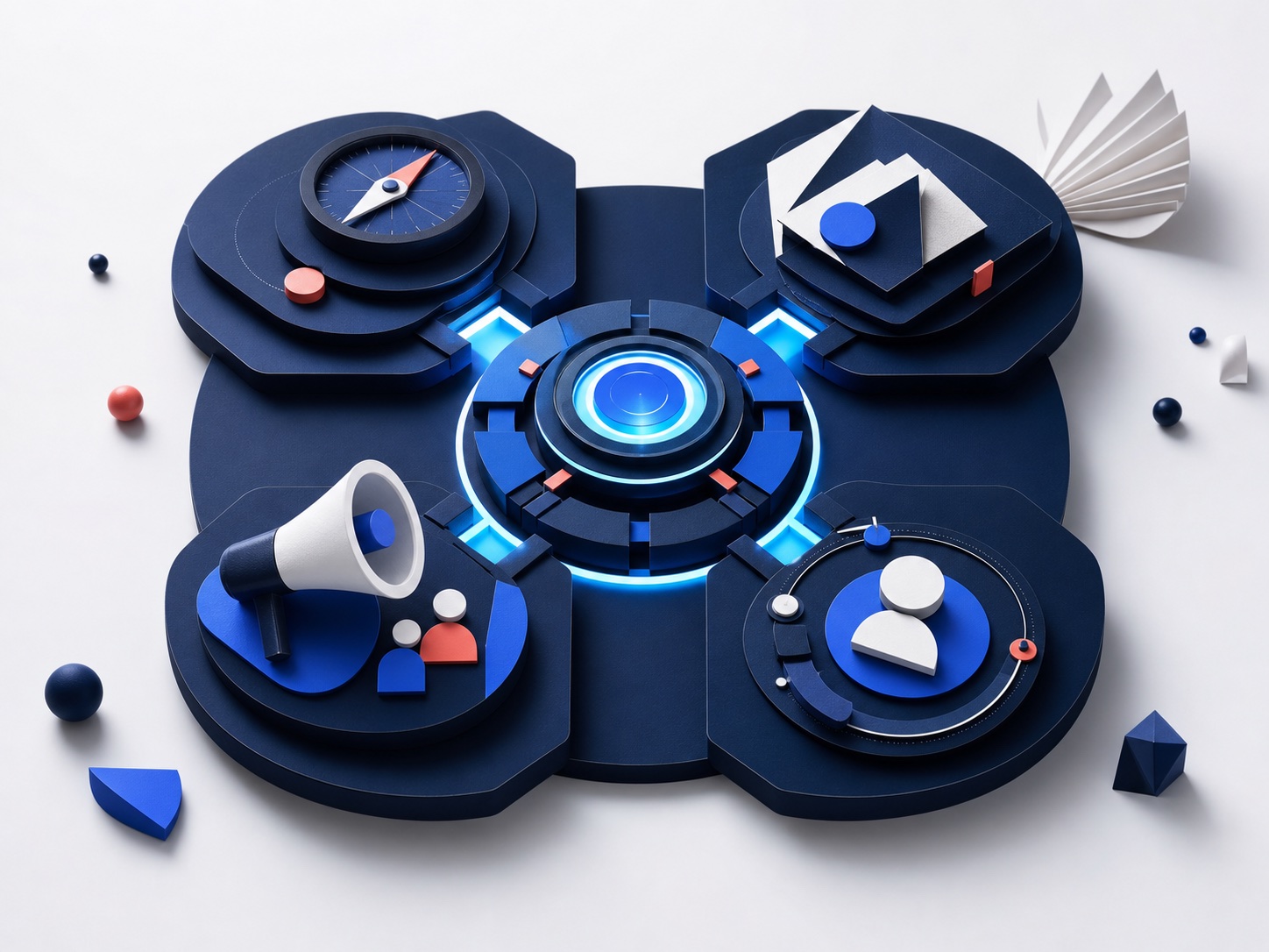 A dimensional strategy system with brand, demand, audience and direction modules converging around one connected core